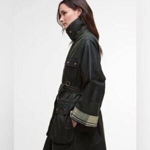 Barbour Milda corduroy-trimmed waxed-cotton trench coat with plaid accents